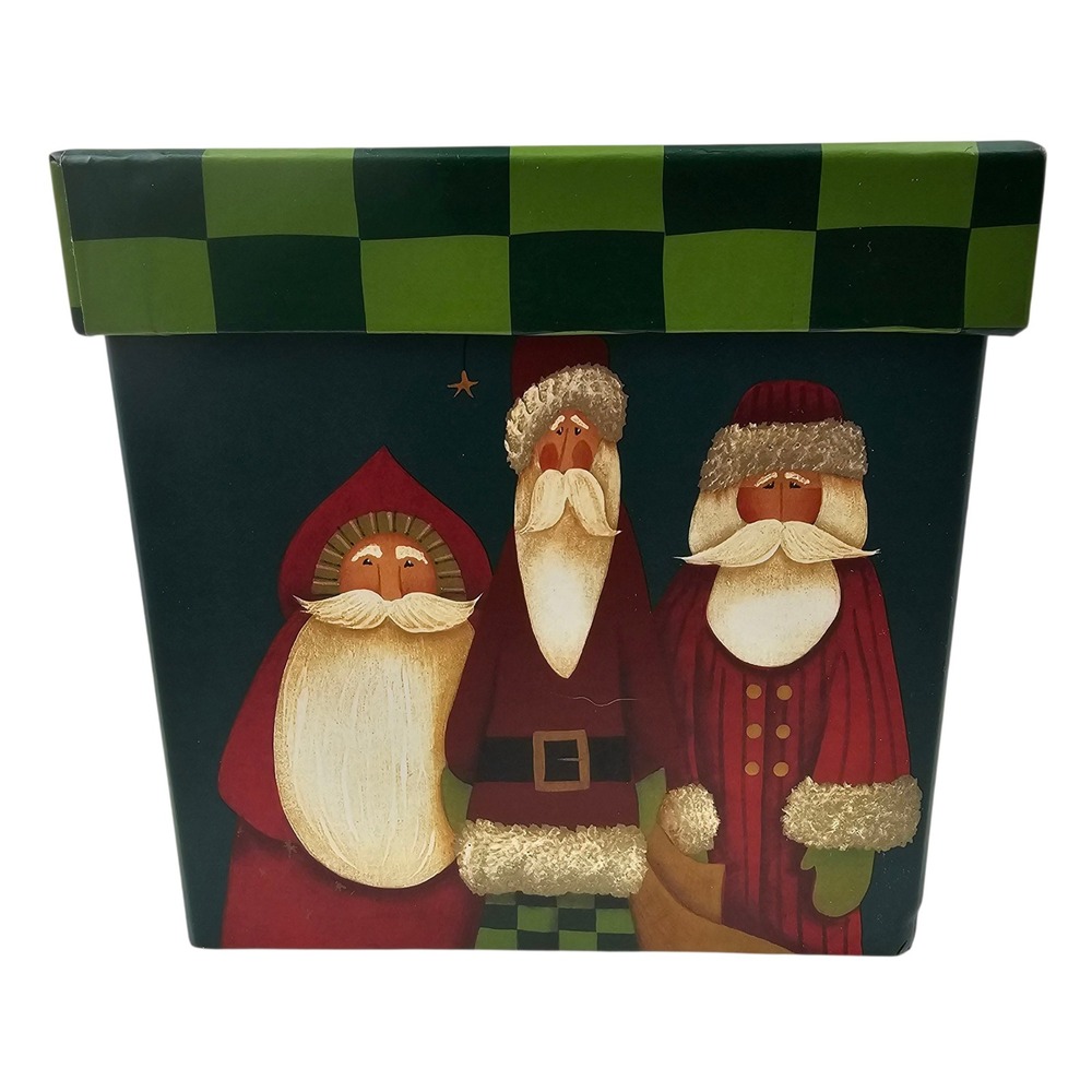 Fiddlestix Santa Trio Christmas Decor Box Green Check Holiday